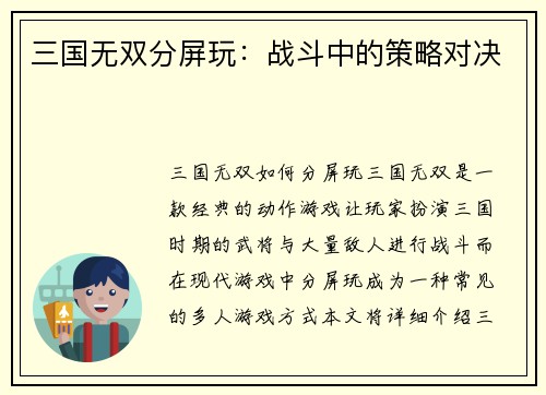 三国无双分屏玩：战斗中的策略对决